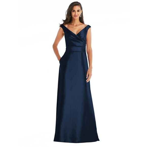 ALFRED SUNG D811S Midnight OFF THE SHOULDER Aline POCKETS Bridesmaid GOWN 10 - Picture 1 of 10